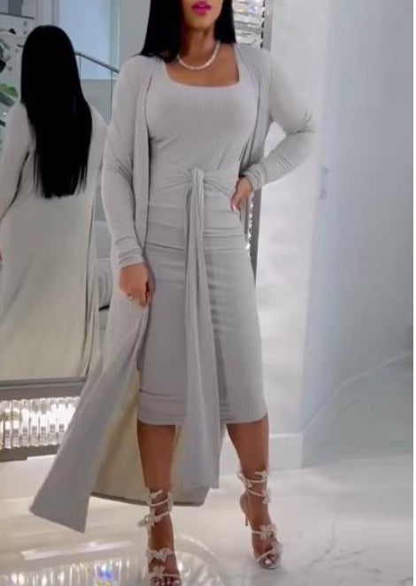 Tied Detail Dress with Long Sweater Set