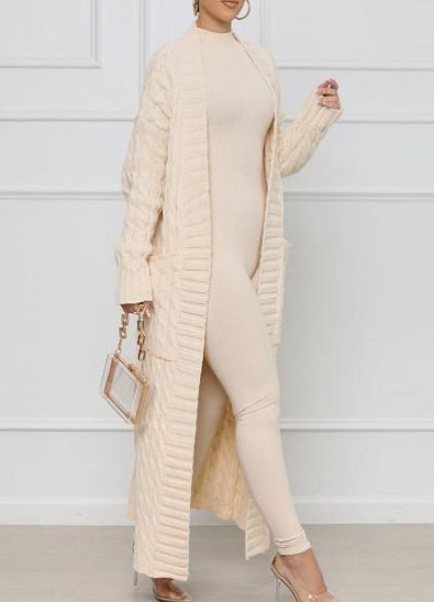 Cream Long Cable Knit Cardigan